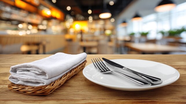 A neatly set table with a white plate, fork, and knife, and a folded white napkin in a restaurant setting.