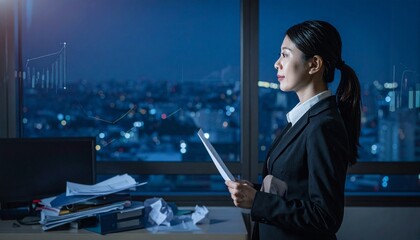夜な夜な明日のプレゼンの練習を頑張るビジネスウーマンの写真