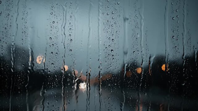Raindrops on a window obscure a blurry view of distant lights and soft, hazy sky