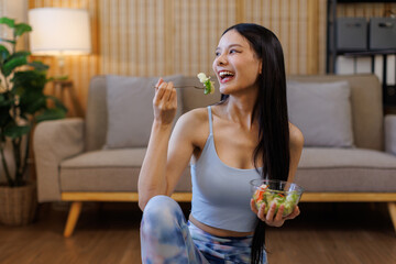 Diet concept, happy asian young woman, girl hand use fork at lettuce with fresh vegetable, green...