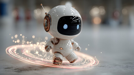 Futuristic Companion: A charming robot strides confidently, emitting a soft aura, symbolizing innovation, with gentle glowing features and a streamlined design.