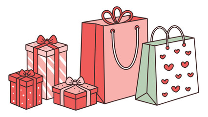 Five colorful gift packages three wrapped boxes and two decorated bags feature bows, hearts, and patterns in red, pink, and green, creating a cheerful, celebratory vibe.