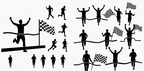 Silhouette illustrations of runners crossing finish lines, some holding checkered flags.