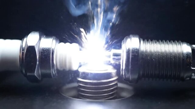 Macro close up of a working spark plug creating a powerful electrical arc for engine ignition symbolizing automotive technology and power