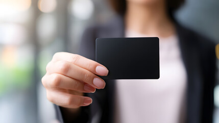 Modern Card in Hand: A professional woman extends a sleek, blank card toward the viewer, symbolizing potential, access, and personalized service. A close-up shot of hand offering a black card. 