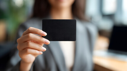 The Card: A professional woman with manicured hand, extending a blank black card towards the viewer, emphasizing its smooth surface and highlighting an opportunity for information.