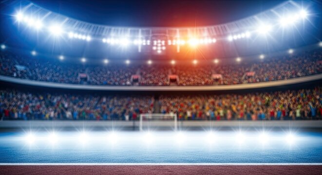 A vibrant sports stadium filled with spectators under bright lights.