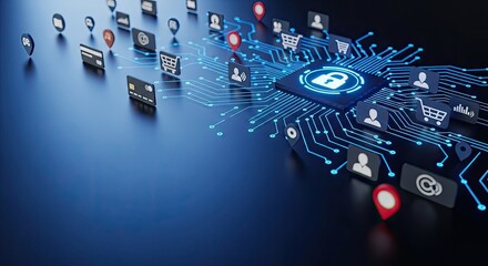 A digital circuit board with various icons and symbols, including a padlock, credit cards, shopping carts, and people icons, set against a dark blue background.