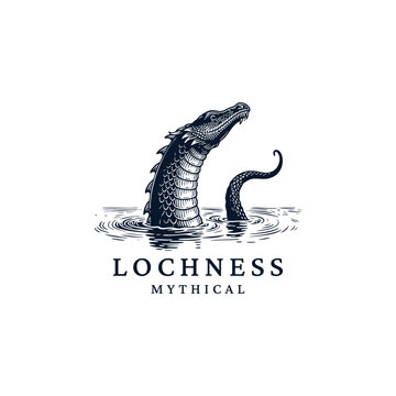 Mythological Loch Ness Monster (Nessie) illustration, rendered in a detailed vintage woodcut or engraving style. This cryptozoology design features the legendary long-necked sea creature