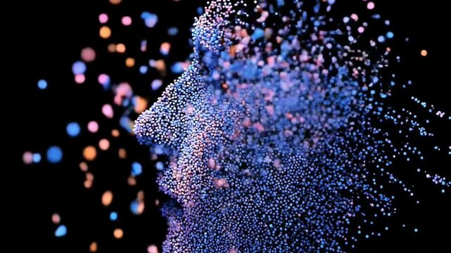 Human face profile made of numerous glowing blue and pink particles, dissolving
