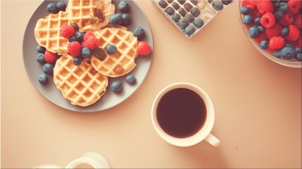 highangle. A delicious breakfast spread featuring waffles, berries, and coffee from a high-angle view. menu design, packaging mockups, designed for food delivery and cloud-kitchen brand materials.