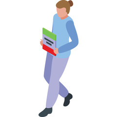 Person carrying a folder with documents light blue sweater and lilac pants with black shoes walking on white background isometric view detailed illustration