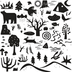 Rustic hand-drawn doodle collection featuring outdoor and camping adventure elements such as bear, tent, bird, rabbit, campfire, mountains, trees, mushrooms, fish, and nature symbols. Perfect for trav