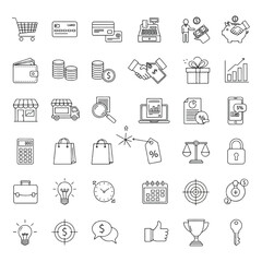A comprehensive set of thin line icons representing business, finance, shopping, and marketing concepts.