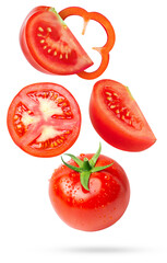 composition photograph of fresh red tomato and bell pepper pieces, including whole, slices, and wedges, isolated cleanly on a solid transparent background.