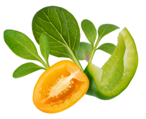 composition of fresh green ingredients: a cluster of microgreens and large leaves combined with a juicy yellow tomato half and a crisp green bell pepper slice, isolated on black.