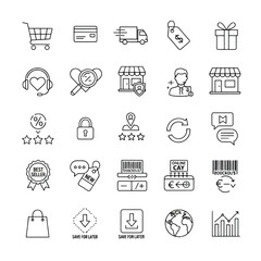 A comprehensive collection of line icons representing various aspects of e-commerce, online shopping, delivery, payment, and customer service.