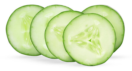 isolated close-up photograph of four perfectly cut, fresh green cucumber slices arranged in a...