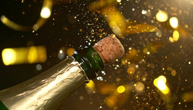 Champagne bottle cork popping with golden bokeh background celebration.