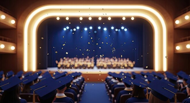 Graduates in caps and gowns at a graduation ceremony, with confetti falling from the ceiling.
