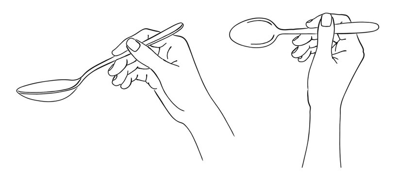 スプーンを持つ手の線画イラストセット,食事,カトラリー,スープ,食べる,ベクター