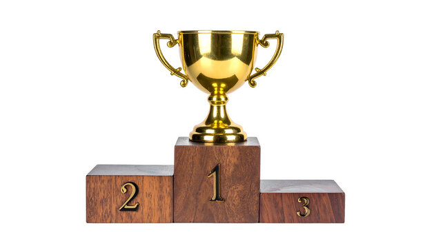 A gold trophy sits atop a wooden podium with three tiers numbered 1, 2, and 3, against black
