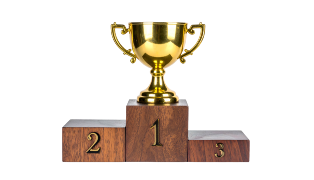 A gold trophy sits atop a wooden podium with three tiers numbered 1, 2, and 3, against black