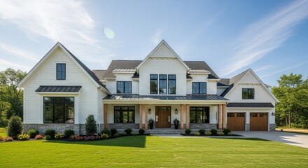 A white house with a green lawn and a large driveway.