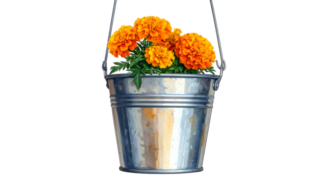 A galvanized metal bucket filled with vibrant orange marigold flowers, against a dark background