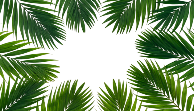 Palm leaves create a frame around a black void, showcasing verdant foliage and negative space