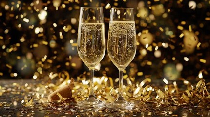 Two champagne flutes filled with sparkling wine amidst golden confetti and ribbon backdrop bokeh lights - Powered by Adobe