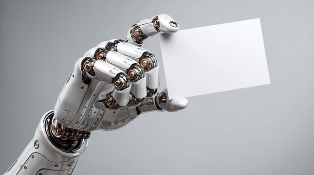 A robot hand holding a blank white card against a plain gray background in a studio setting shot