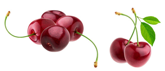 dynamic cluster of fresh, ripe dark red cherries with long curved stems, including a pair with vibrant green leaves, isolated on black.