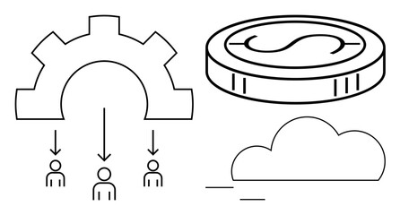 Gear distributing resources to users, coin symbolizing finance, and cloud for connectivity. Ideal for technology, teamwork, network, finance, resource sharing business collaboration. Simple flat