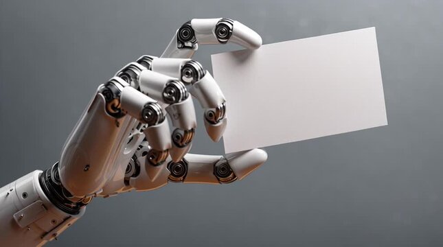 Robot hand holding a blank white card against a gray background in a studio setting close up view