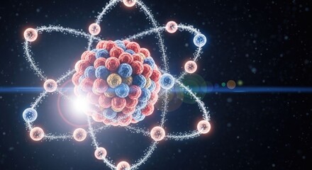 A colorful atom model with electrons orbiting a nucleus, set against a dark background with stars.