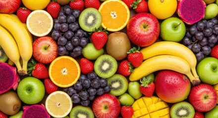 A vibrant assortment of fresh fruits and vegetables, including bananas, apples, oranges, strawberries, and kiwis, arranged in a colorful and healthy display.
