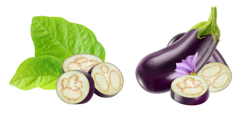 abundant composition of whole and sliced purple eggplants (aubergine), paired with a contrasting green leaf and a delicate purple flower, isolated on black.