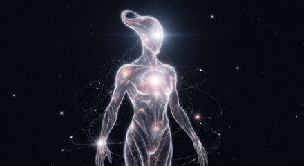 A translucent, ethereal figure with a flowing, flowing hairdo, surrounded by cosmic energy and stars in a dark, starry sky.