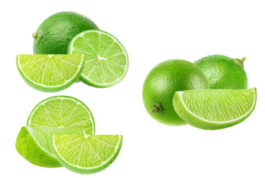 grouping of fresh, bright green limes, featuring whole fruits, round slices, and triangular wedges, captured in a high-quality studio isolation shot on black.