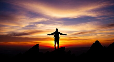 A silhouette of a person standing on a rocky peak with their arms outstretched, overlooking a stunning sunset with vibrant colors and a cloudy sky.