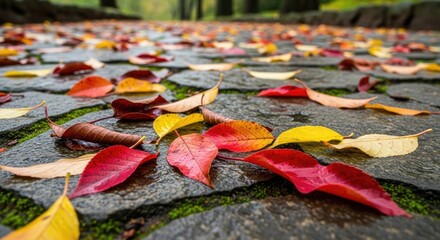 Fall leaves on a cobblestone path in a park.