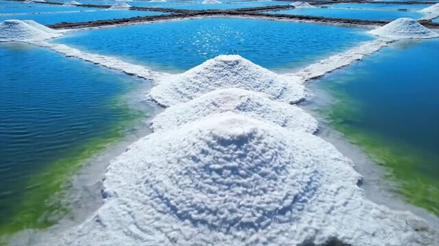Aerial View of Salt Lake Evaporation Ponds with White Salt Formations.