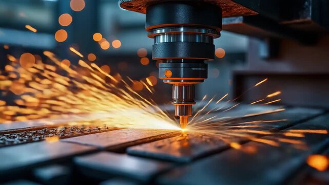 Industrial laser cutting machine mechanical technology industry sparks metal fabrication precision workshop producing precise parts with dynamic