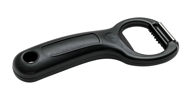 A black, ergonomic-handled kitchen peeler, isolated on black background, angled for clarity
