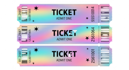 Colorful rainbow admit one ticket stubs in a row with barcodes and stars isolated on transparent background