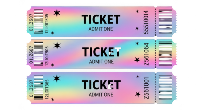 Colorful rainbow admit one ticket stubs in a row with barcodes and stars isolated on transparent background - Powered by Adobe