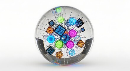 Colorful circuit patterns encased in a clear glass sphere against a bright white background