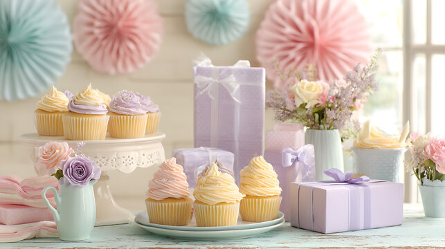  A bridal shower party with pastel decorations, cupcakes and gifts  - Powered by Adobe