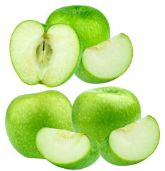 collection of vibrant granny smith green apples photographed in a studio setup, featuring two whole fruits, a clean half, and two perfectly cut slices.